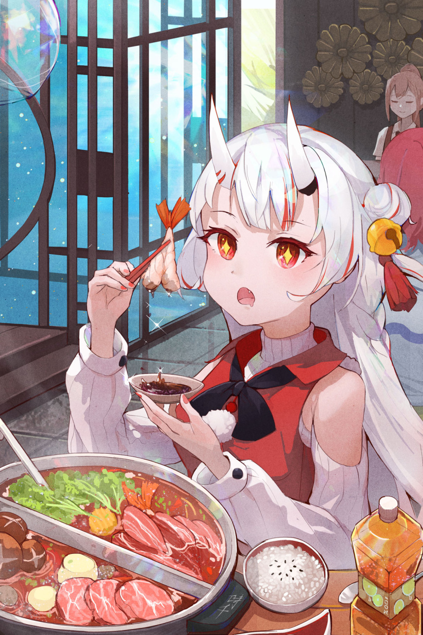 +_+ 3girls alternate_costume bell black_neckerchief bowl center-flap_bangs chopsticks collared_shirt commentary_request detached_sleeves drooling food hair_bell hair_bun hair_ornament highres holding holding_chopsticks holding_food hololive horns hotpot indoors jingle_bell ladle long_hair long_sleeves looking_at_food mouth_drool multicolored_hair multiple_girls nakiri_ayame neckerchief oni open_mouth plastic_bottle red_eyes red_hair red_nails red_shirt rice_bowl shirt single_side_bun sitting sleeveless sleeveless_shirt sleeveless_sweater solo_focus streaked_hair sweater table tassel tassel_hair_ornament tile_floor tiles turtleneck turtleneck_sweater virtual_youtuber white_hair white_horns white_sweater wooden_table wooden_wall xiaoshi2996