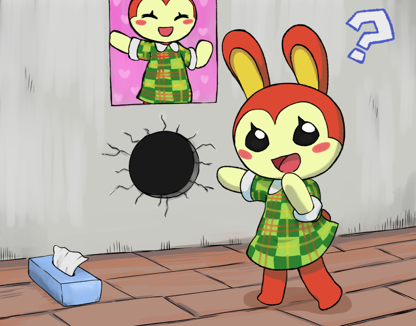 animal_crossing anthro bunnie_(animal_crossing) female hole_in_wall lagomorph leporid looking_at_viewer mametora-san mammal nintendo rabbit solo tissue_box