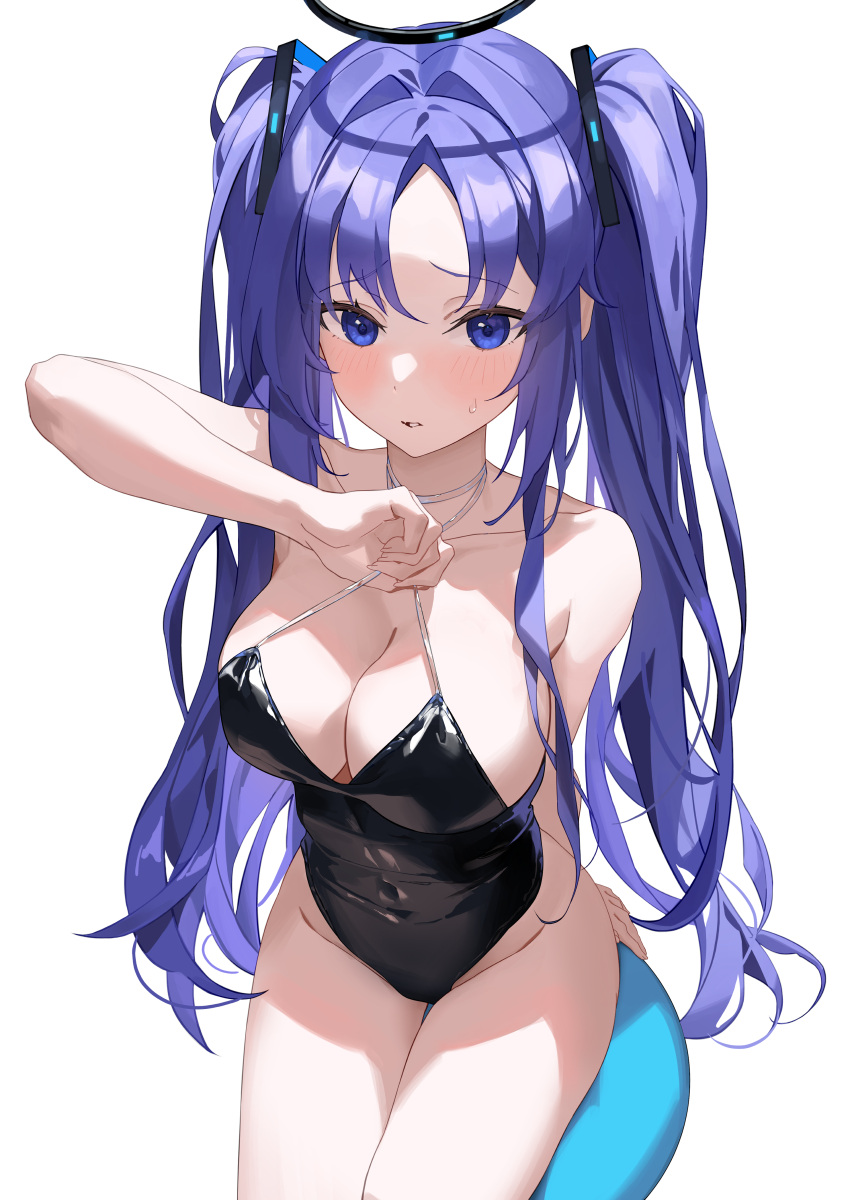 1girl absurdres black_leotard blue_archive blush breasts cleavage collarbone commentary_request cowboy_shot groin halo hido88 highres korean_commentary large_breasts leotard long_hair mechanical_halo open_mouth purple_eyes purple_hair simple_background solo two_side_up white_background yuuka_(blue_archive)