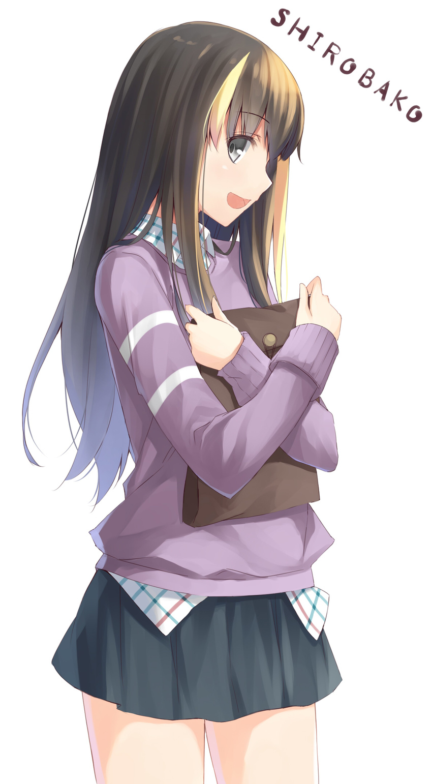 :d andou_tsubaki black_hair blonde_hair copyright_name folder grey_eyes highlights highres holding leyte long_hair long_sleeves looking_at_viewer multicolored_hair open_mouth plaid plaid_shirt shirobako shirt simple_background skirt smile solo streaked_hair sweater white_background