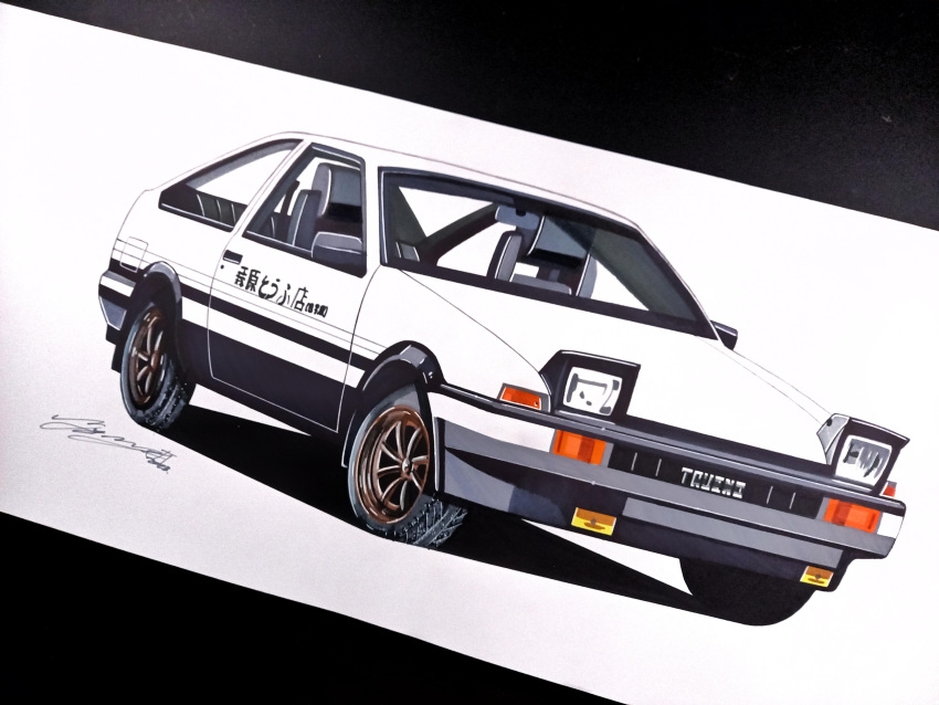 absurdres car fujiwara_takumi's_toyota_trueno_ae86 highres initial_d luka_milic motor_vehicle no_humans shadow signature simple_background toyota toyota_sprinter_trueno traditional_media vehicle_focus