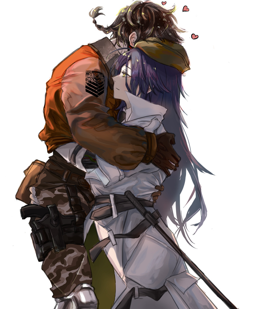 1boy 1girl absurdres ar-18_(girls'_frontline) black_hair closed_mouth commander_(girls'_frontline) girls'_frontline green_headwear grey_jacket highres hug jacket long_hair masako_(user_thnr3538) simple_background yellow_eyes