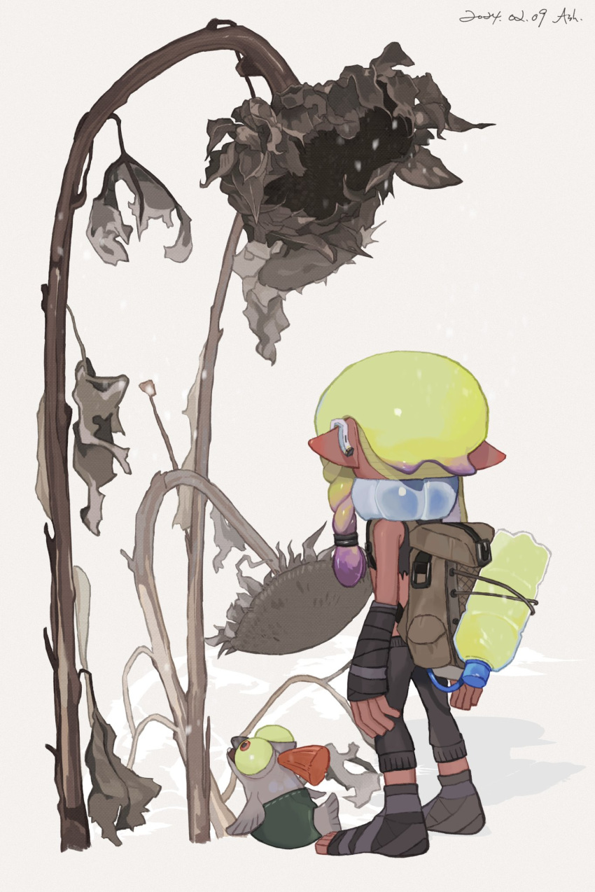 1girl agent_3_(splatoon_3) ash011023 backpack bag bandaged_arm bandages black_footwear black_pants black_shirt blonde_hair bottle braid braided_sidelock brown_bag commentary_request crop_top flower full_body gradient_hair highres inkling_girl inkling_player_character long_hair multicolored_hair pants pointy_ears purple_hair shirt simple_background single_braid smallfry_(splatoon) splatoon_(series) splatoon_3 squidbeak_splatoon standing sunflower tentacle_hair torn_clothes torn_shirt two-tone_hair white_background wilted_flower