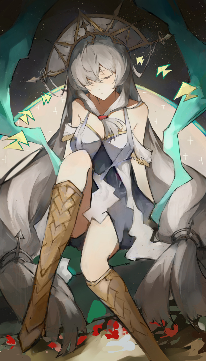 1girl absurdly_long_hair angelfish arknights bare_shoulders boots closed_eyes closed_mouth dot_nose dress expressionless fish front_ponytail full_body grey_hair hair_ornament hair_over_one_eye hair_stick hair_tie highres knee_boots lch long_hair low-tied_long_hair night night_sky off_shoulder official_alternate_costume outdoors phoenix_crown sitting skadi_(arknights) skadi_the_corrupting_heart_(arknights) skadi_the_corrupting_heart_(sublimation)_(arknights) sky star_(sky) starry_sky tropical_fish very_long_hair white_dress white_headwear yellow_footwear