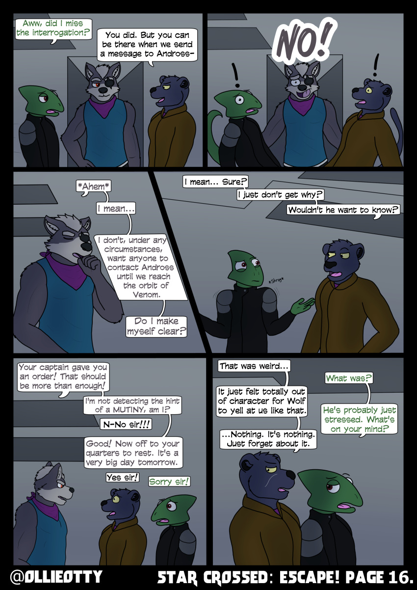absurd_res anthro clothing comic dialogue group hi_res leon_powalski male nintendo ollieotty panther_caroso speech_bubble star_fox talking_to_another trio wolf_o'donnell