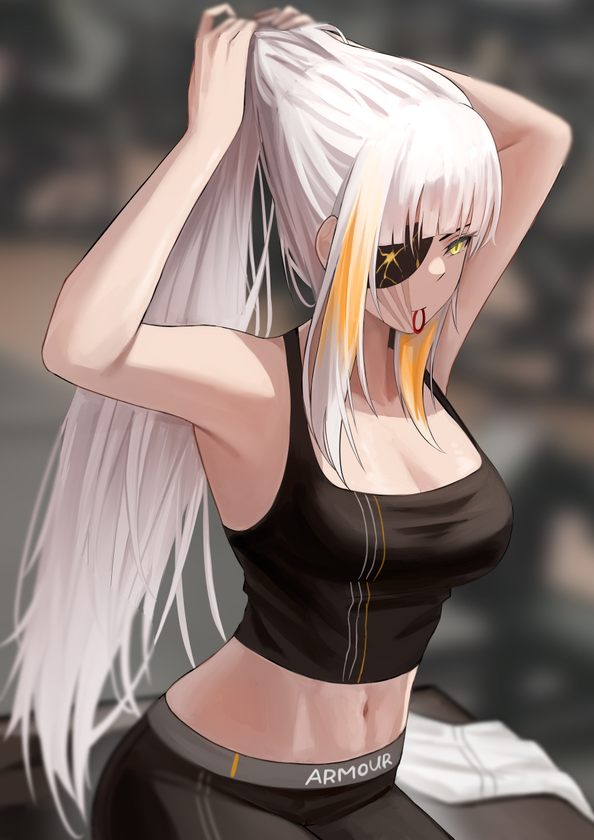 1girl absurdres alternate_costume black_pants black_tank_top blonde_hair breasts cleavage erlisa_takanashi eyepatch girls'_frontline hair_tie_in_mouth highres long_hair m16a1_(boss)_(girls'_frontline) m16a1_(girls'_frontline) midriff mouth_hold multicolored_hair navel pants scar scar_across_eye sitting solo sportswear streaked_hair tank_top tying_hair white_hair yellow_eyes