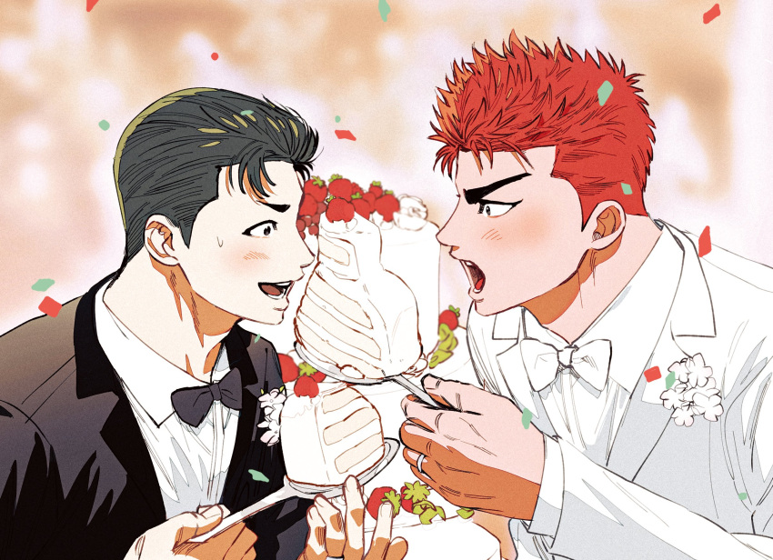 2boys black_hair black_suit blush bow bowtie cake cake_slice confetti corsage couple eating feeding food highres holding holding_spoon husband_and_husband male_focus mito_youhei multiple_boys nongdon open_mouth pompadour red_hair sakuragi_hanamichi short_hair slam_dunk_(series) spoon suit wedding white_suit yaoi