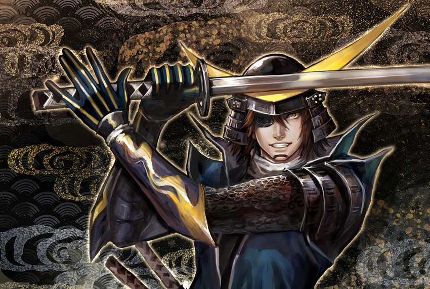 armor brown_hair cdash817 date_masamune_(sengoku_basara) eyepatch helmet japanese_armor kabuto katana male_focus sengoku_basara solo sword weapon