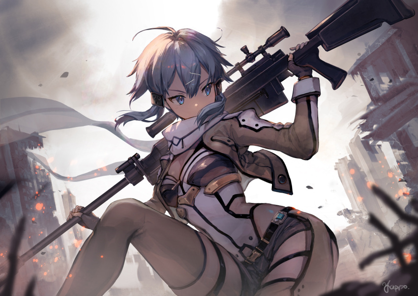 1girl absurdres anti-materiel_rifle blue_eyes blue_hair bolt_action breasts commentary fingerless_gloves gloves gun hair_between_eyes hair_ornament hairclip highres holding holding_weapon medium_breasts pgm_hecate_ii rifle scarf short_hair short_shorts shorts sidelocks sinon sniper_rifle solo sword_art_online weapon yappo_(point71)