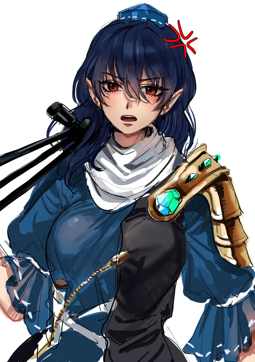 1girl absurdres anger_vein annoyed black_dress blue_dress blue_hair blue_headwear dress highres iizunamaru_megumu kuya_(hey36253625) long_hair looking_at_viewer open_mouth pom_pom_(clothes) red_eyes scarf sketch solo touhou two-tone_dress white_background white_scarf