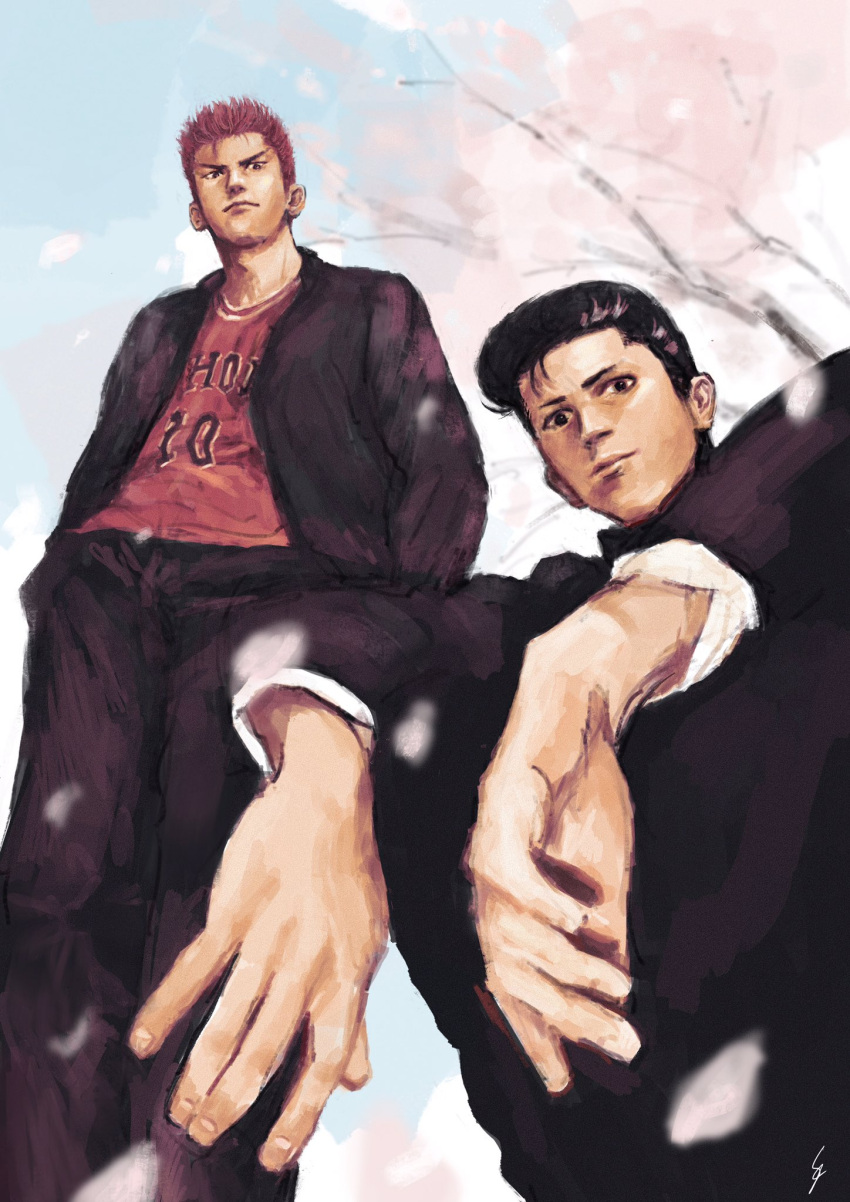 2boys black_hair cherry_blossoms day feet_out_of_frame from_below gakuran hands_in_pockets highres k05062688 looking_at_viewer male_focus mito_youhei multiple_boys outdoors pompadour red_hair sakuragi_hanamichi school_uniform slam_dunk_(series) smile