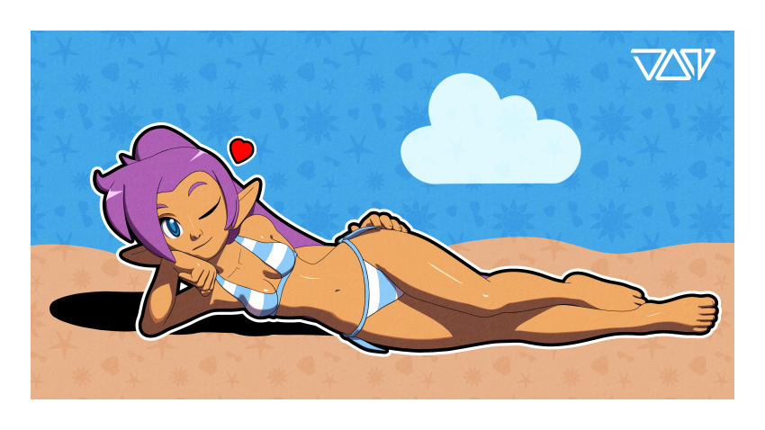 &lt;3 abstract_background absurd_res barefoot bikini blue_eyes border breasts brown_body brown_skin clothed clothing cloud donmarcino feet female genie hair hi_res humanoid humanoid_pointy_ears long_hair looking_at_viewer lying navel not_furry on_side one_eye_closed ponytail purple_hair shantae shantae_(series) smile solo swimwear watermark wayforward wink winking_at_viewer