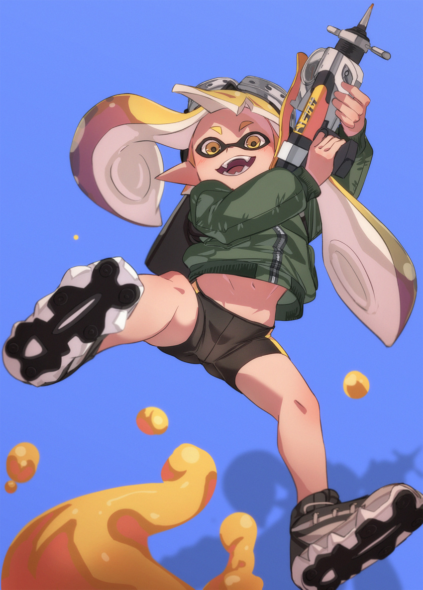 1girl :d bike_shorts fu-ta goggles goggles_on_head highres inkling_girl inkling_player_character jacket jumping midriff_peek military_jacket open_mouth smile solo splatoon_(series) splattershot_(splatoon) tentacle_hair yellow_eyes