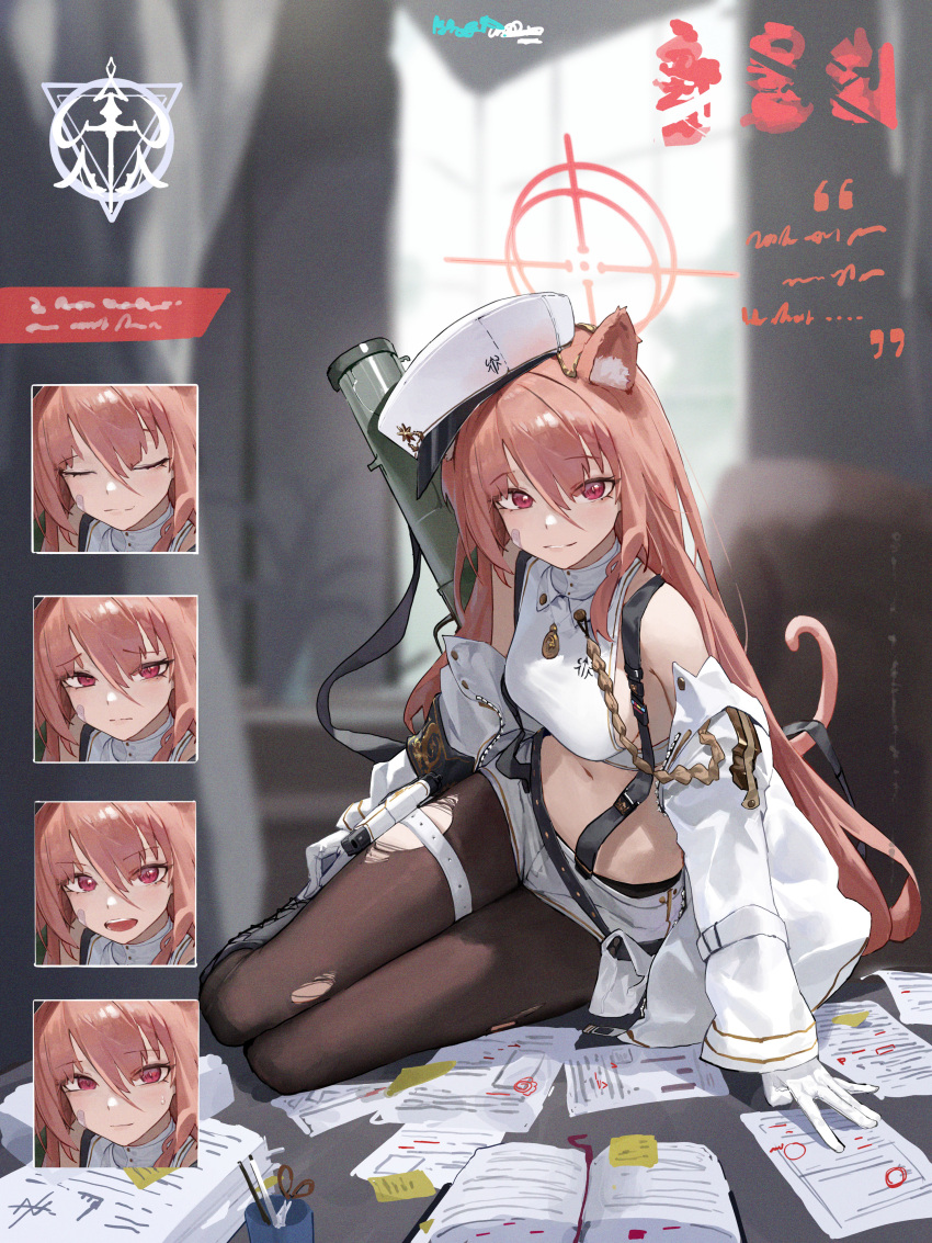 1girl absurdres aiguillette animal_ears bandaid bandaid_on_cheek bandaid_on_face bare_shoulders belt boots breasts brown_pantyhose cat_ears cat_girl cat_tail closed_eyes crop_top expressions frown gloves grin gun halo handgun hat highres holster jacket jewelry knee_boots long_hair long_sleeves looking_at_viewer loose_belt mac_star medium_breasts midriff navel necklace off_shoulder open_clothes open_jacket open_mouth original pantyhose paper peaked_cap pink_hair red_eyes shirt short_shorts shorts sitting sleeveless sleeveless_shirt smile solo stomach suspenders sweatdrop tail thigh_holster thigh_strap tilted_headwear torn_clothes torn_pantyhose very_long_hair weapon white_gloves white_hat white_jacket white_shirt white_shorts yokozuwari