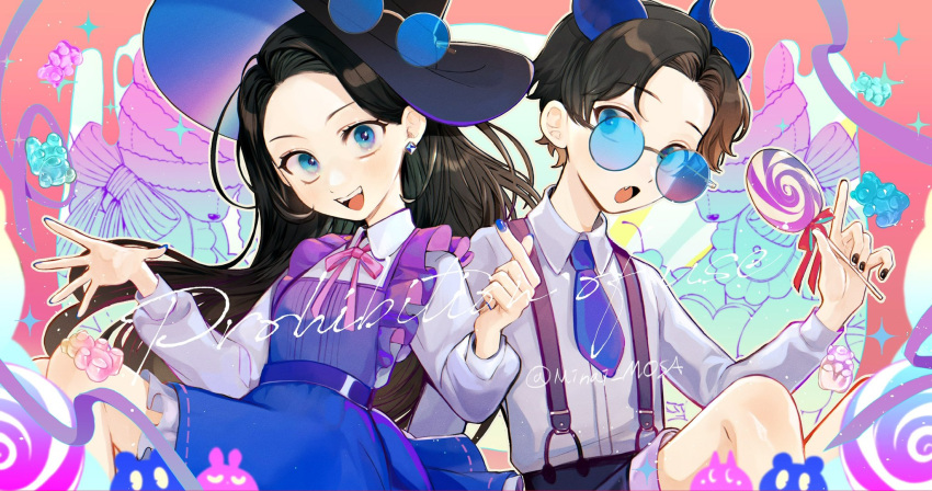 1boy 1girl :o artist_name black_hair black_nails blue-tinted_eyewear blue_dress blue_eyes blue_hat blue_horns blue_nails blue_necktie candy collared_shirt commentary_request dress earrings eyewear_on_headwear fang food hands_up highres holding holding_candy holding_food holding_lollipop horns index_finger_raised jewelry lollipop long_hair long_sleeves looking_at_viewer minai_mosa multicolored_background neck_ribbon necktie open_mouth original pink_background pink_ribbon puffy_long_sleeves puffy_sleeves ribbon shirt short_hair shorts solo stuffed_animal stuffed_toy sunglasses suspenders teddy_bear tinted_eyewear twitter_username upper_body watermark