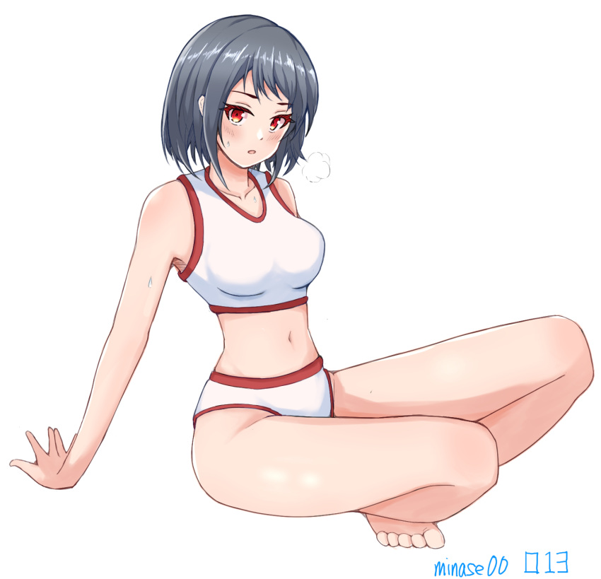 1girl alternate_costume barefoot bikini black_hair breasts highres indian_style kantai_collection large_breasts looking_at_viewer minase00 red_eyes short_hair simple_background sitting solo sports_bikini swimsuit white_background white_bikini yamashiro_(kancolle)