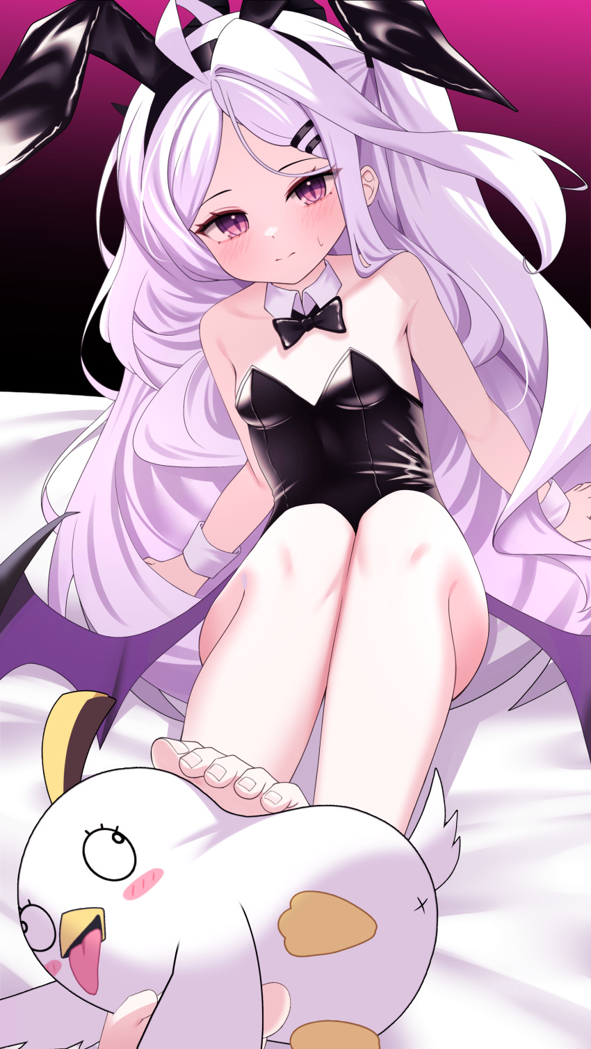 1girl absurdres ahoge animal_ears barefoot bed_sheet black_bow black_leotard blue_archive blush bow breasts closed_mouth demon_wings detached_collar fake_animal_ears highres hina_(blue_archive) leotard long_hair looking_at_viewer otakummm peroro_(blue_archive) purple_eyes purple_wings rabbit_ears sitting small_breasts solo strapless strapless_leotard toes white_hair wings wrist_cuffs