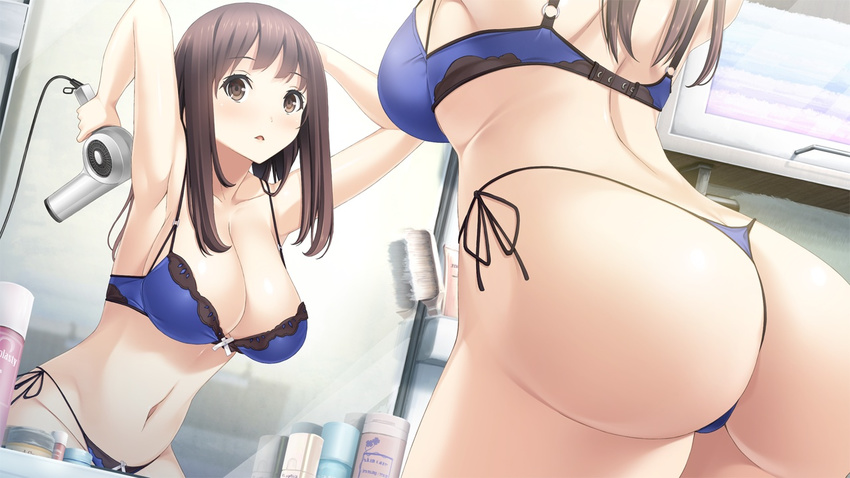 arched_back arm_behind_head armpits arms_up ass bathroom blue_bra blue_panties bra breasts brown_eyes brown_hair cleavage cosmetics crooking_arms dutch_angle from_below game_cg hair_dryer hair_over_shoulder hand_behind_head haru_kiss highleg highleg_panties holding indoors large_breasts lingerie long_hair looking_at_mirror mikoto_akemi mirror open_mouth panties reflection shiraishi_aoi side-tie_panties sidelocks solo standing strap_gap string_panties thong underwear underwear_only