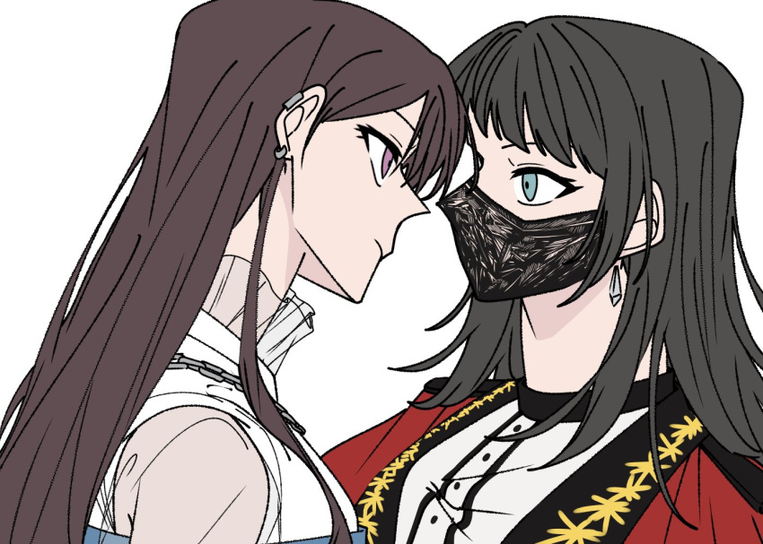 2girls a_jak bang_dream! bang_dream!_it's_mygo!!!!! black_hair black_mask blue_eyes brown_hair chain_necklace closed_mouth commentary_request ear_piercing earclip earrings eye_contact jacket jewelry korean_commentary long_hair looking_at_another mask mouth_mask multiple_girls necklace piercing purple_eyes red_jacket shiina_taki shirt simple_background upper_body white_background white_shirt yahata_umiri yuri