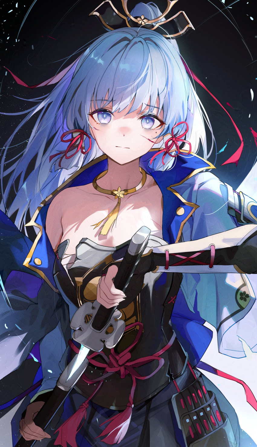 1girl absurdres armor black_armor blue_eyes blue_hair blue_jacket breastplate broken_armor chest_sarashi closed_mouth collarbone commentary_request cropped_jacket dou furizuu20 genshin_impact gold_choker hair_ornament hair_ribbon highres holding holding_sword holding_weapon jacket japanese_armor kamisato_ayaka katana kusazuri light_blue_hair long_hair mole mole_under_eye open_clothes open_jacket ponytail red_ribbon ribbon sarashi scabbard sheath single_bare_shoulder single_off_shoulder solo sword unsheathing weapon yellow_tassel