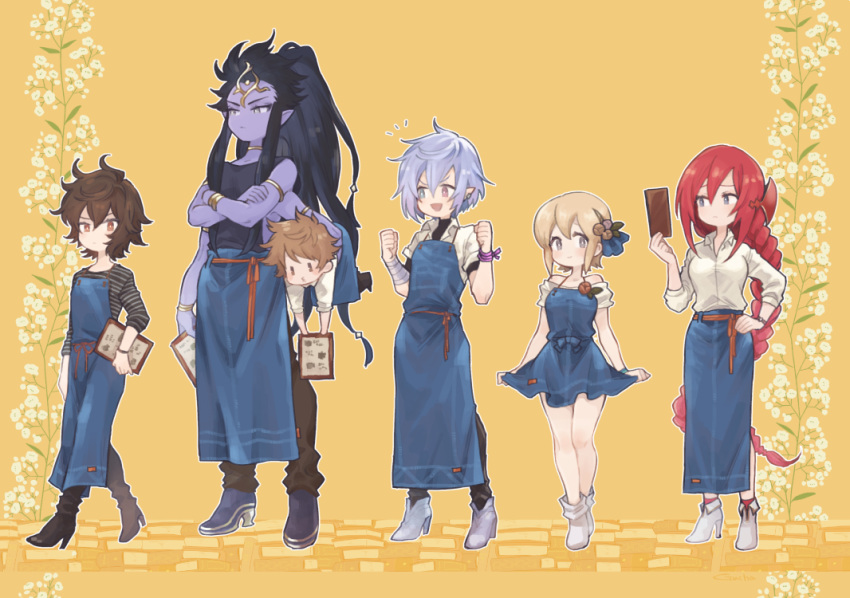 2girls 4boys :d ahoge apron apron_tug armlet bandaged_arm bandages bare_shoulders bishounen black_footwear black_hair blonde_hair blue_apron boots borrowed_clothes bracelet braid breasts brown_hair carrying carrying_person carrying_under_arm colored_skin commentary commentary_request dress_shirt europa_(granblue_fantasy) expressionless extra_arms floral_background flower frilled_apron frills full_body godsworn_alexiel gran_(granblue_fantasy) granblue_fantasy grey_eyes grimnir_(granblue_fantasy) gucha_(netsu) hair_between_eyes hair_flower hair_ornament heterochromia high_heel_boots high_heels high_ponytail holding holding_menu jewelry long_hair looking_to_the_side medium_breasts menu messy_hair multiple_boys multiple_girls off_shoulder official_alternate_costume pointy_ears purple_hair purple_skin red_eyes red_hair sandalphon_(granblue_fantasy) sandalphon_(server_of_a_sublime_brew)_(granblue_fantasy) shirt shiva_(granblue_fantasy) short_hair sidelocks size_difference sleeveless sleeveless_shirt smile striped_clothes striped_shirt vertical-striped_clothes vertical-striped_shirt very_long_hair waist_apron white_footwear yellow_background