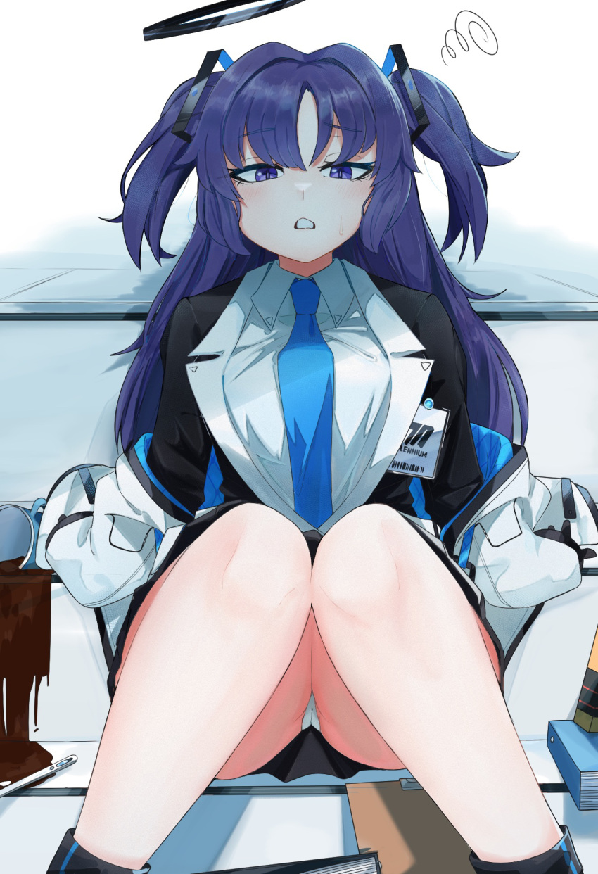 1girl black_footwear black_gloves black_skirt blue_archive blue_necktie blush boots breasts coffee collared_shirt cup feet_out_of_frame gloves halo highres id_card jacket large_breasts long_hair looking_at_viewer mechanical_halo necktie open_mouth panties pleated_skirt purple_eyes purple_hair shirt skirt solo suit two-sided_fabric two-sided_jacket two_side_up underwear white_jacket white_panties white_shirt yuindesu yuuka_(blue_archive)