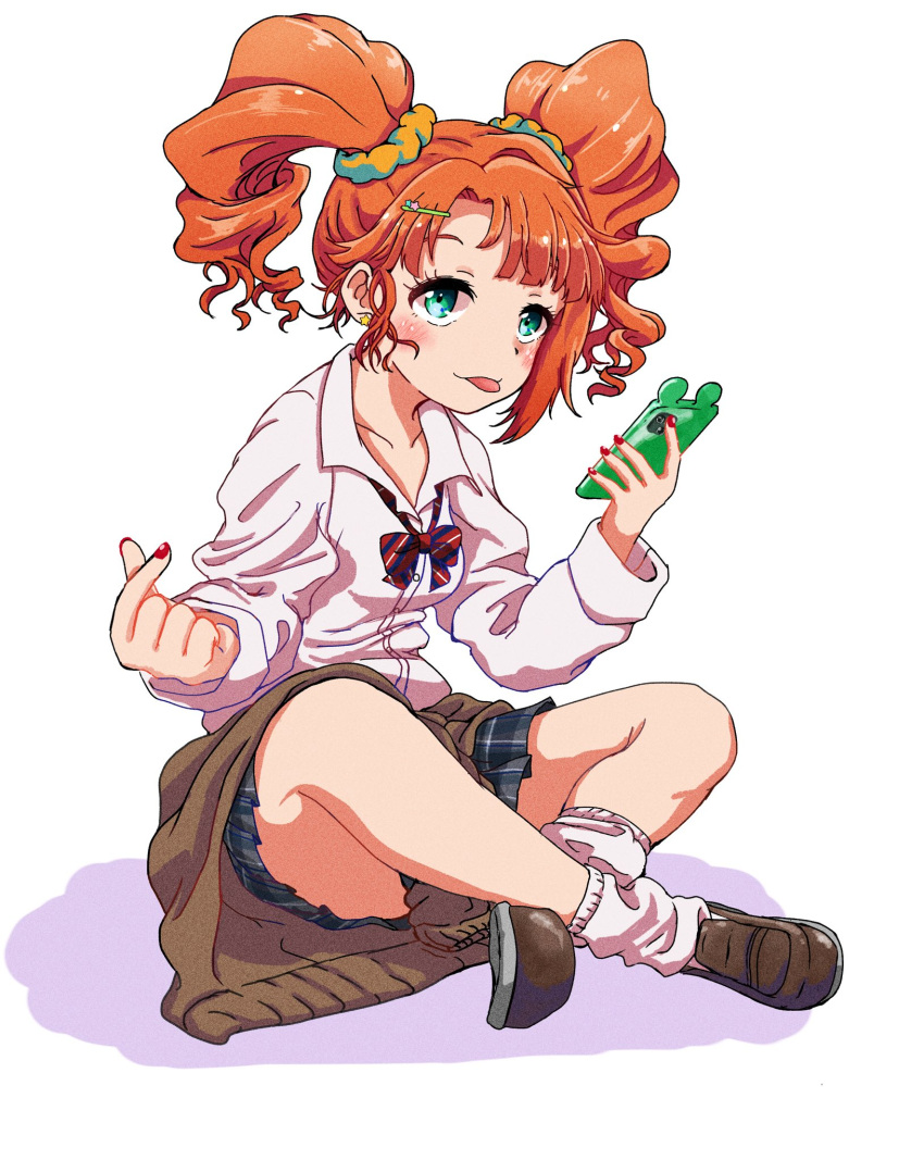 1girl :p blush bow bowtie cellphone clothes_around_waist collared_shirt full_body green_eyes gyaru highres holding holding_phone idolmaster idolmaster_(classic) indian_style kogal long_hair looking_at_viewer loose_bowtie orange_hair phone ryubii_(pokespruby) shirt simple_background sitting skirt smartphone solo sweater sweater_around_waist takatsuki_yayoi tongue tongue_out twintails white_background