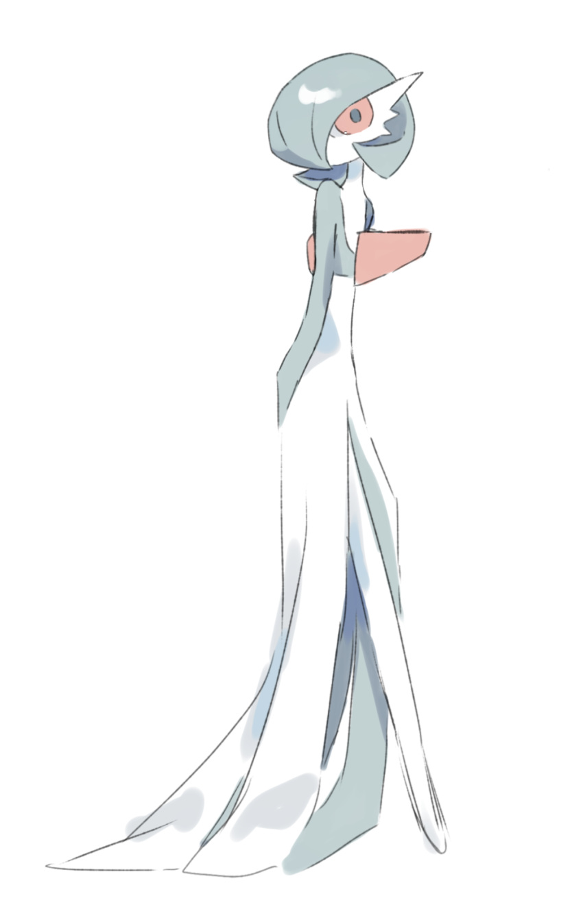 1girl arms_behind_back bob_cut colored_skin commentary flat_chest full_body gardevoir green_hair green_skin hair_over_one_eye highres long_legs looking_at_viewer mame_(pixiv_57985908) multicolored_skin no_mouth one_eye_covered pokemon pokemon_(creature) red_eyes short_hair simple_background solo standing two-tone_skin white_background white_skin