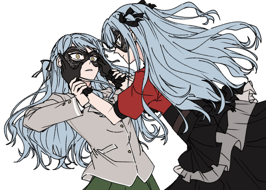 2girls a_jak bang_dream! bang_dream!_it's_mygo!!!!! black_gloves black_mask black_ribbon black_skirt blue_hair clone closed_mouth commentary domino_mask eye_contact frilled_skirt frills gloves green_skirt grey_jacket hair_ribbon hand_on_another's_face hands_on_another's_wrists haneoka_school_uniform hashtag_only_commentary high-waist_skirt jacket long_sleeves looking_at_another mask multiple_girls parted_lips red_shirt ribbon school_uniform shirt simple_background skirt togawa_sakiko two_side_up white_background yellow_eyes