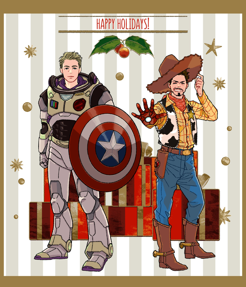 2boys absurdres animal_print armor arms_up avengers_(series) bandana belt black_eyes black_hair blonde_hair blue_pants boots border box brown_belt brown_border brown_footwear brown_hat buttons buzz_lightyear closed_eyes closed_mouth collared_shirt commentary_request cosplay cow_print cowboy_boots cowboy_hat crossover denim english_text facial_hair full_body gift gift_box grey_armor grey_background happy_holidays hat highres holding holding_shield long_sleeves looking_at_viewer male_focus marvel mistletoe mochishio multicolored_armor multiple_boys open_clothes open_vest orange_bandana orange_shirt pants plaid plaid_shirt pocket sheriff_woody shield shirt short_hair smile spacesuit standing star_(symbol) star_pin steve_rogers striped_background teeth tony_stark toy_story v-shaped_eyebrows vest white_armor white_background