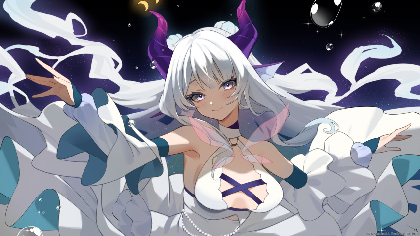 1girl adira_chantara blush breasts bubble closed_mouth commission detached_sleeves dragon_girl dragon_horns dress fins grey_eyes grey_hair head_fins highres horns indie_virtual_youtuber k_(art71) long_hair night night_sky o-ring signature skeb_commission sky smile solo thank_you twitter_username upper_body virtual_youtuber white_dress white_sleeves