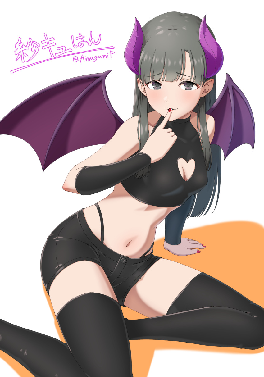 1girl amagamip arm_support bare_shoulders black_arm_warmers black_eyes black_hair black_shirt black_shorts black_thighhighs blunt_bangs blush breasts cleavage cleavage_cutout clothing_cutout collarbone colored_shadow crop_top cropped_shirt demon_girl demon_horns demon_wings fake_horns fake_wings finger_to_mouth hand_up highres horns idolmaster idolmaster_cinderella_girls idolmaster_cinderella_girls_starlight_stage index_finger_raised kobayakawa_sae long_hair looking_at_viewer midriff nail_polish navel red_nails shadow shirt shorts sitting sleeveless sleeveless_shirt small_breasts smile solo thighhighs twitter_username wings yokozuwari