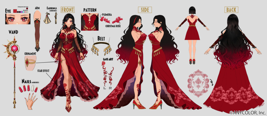 1girl black_hair breasts color_guide copyright_notice detached_sleeves dress earrings flower-trimmed_dress full_body gem gold_belt gradient_hair high_heels jewelry large_breasts long_hair multicolored_hair multiple_views nijisanji nijisanji_en red_dress red_footwear red_gemstone red_hair red_nails reference_sheet riz3 scarle_yonaguni scarle_yonaguni_(2nd_costume) second-party_source side_slit sleeveless sleeveless_dress smile solo strapless strapless_dress streaked_hair thighlet two-tone_nails virtual_youtuber wand white_nails