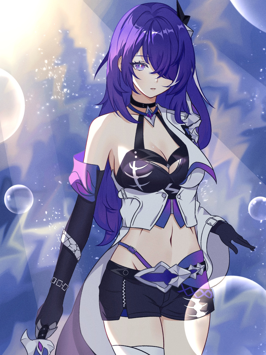 1girl absurdres acheron_(honkai:_star_rail) black_choker black_gloves bubble choker coat commentary_request cowboy_shot crop_top elbow_gloves gloves halterneck highres honkai:_star_rail honkai_(series) long_hair looking_at_viewer midriff navel parted_lips purple_eyes purple_hair single_bare_shoulder solo standing stomach thighs very_long_hair white_coat zhihuili_chieri