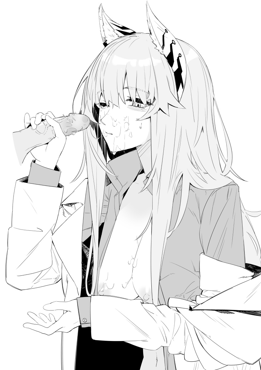 1boy 1girl absurdres after_fellatio animal_ears asimo_(hakurei10201) blush breasts cleavage coat collared_shirt cum cum_on_body cum_on_breasts disembodied_penis facial girls'_frontline girls'_frontline_neural_cloud greyscale highres lab_coat long_hair monochrome navel nipples off_shoulder one_eye_closed open_clothes open_shirt parted_lips penis persicaria_(neural_cloud) shirt simple_background upper_body
