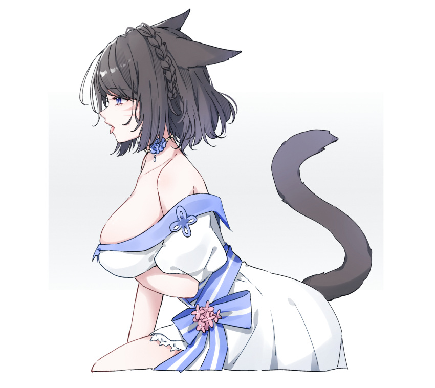 1girl animal_ears arm_under_breasts bare_shoulders black_hair braid breasts cat_ears cat_tail choker cropped_legs dress facial_mark final_fantasy final_fantasy_xiv french_braid from_side highres large_breasts miqo'te open_mouth purple_eyes sana_(sanamaru_0w0) short_hair solo strapless strapless_dress tail tongue tongue_out whisker_markings white_background