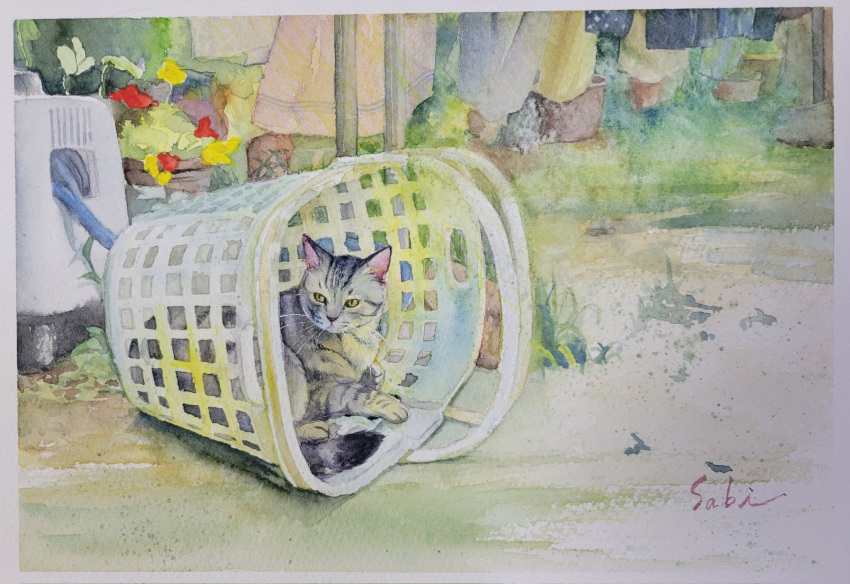 animal animal_focus backyard cat flower grass highres hose hose_reel laundry_basket original painting_(medium) sabi_bobtail sitting traditional_media watercolor_(medium)