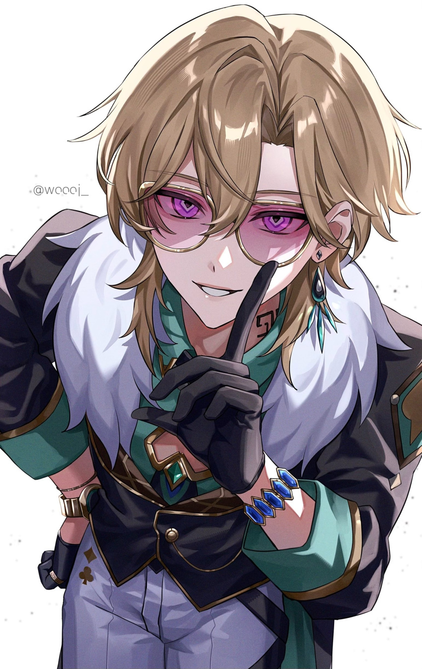 1boy absurdres aqua_shirt artist_name aventurine_(honkai:_star_rail) black_gloves black_jacket blonde_hair bracelet cleavage_cutout clothing_cutout club_(shape) collared_shirt commentary_request cowboy_shot diamond_(shape) earrings fur-trimmed_jacket fur_trim glasses gloves gold_trim hair_between_eyes hand_on_own_hip hand_up highres honkai:_star_rail honkai_(series) index_finger_raised jacket jewelry leaning_forward long_sleeves looking_at_viewer male_focus multicolored_eyes neck_tattoo pants parted_bangs parted_lips pink-tinted_eyewear purple_eyes ring shirt short_hair simple_background single_earring smile solo standing tattoo tinted_eyewear twitter_username watch white_background white_pants woooi wristwatch