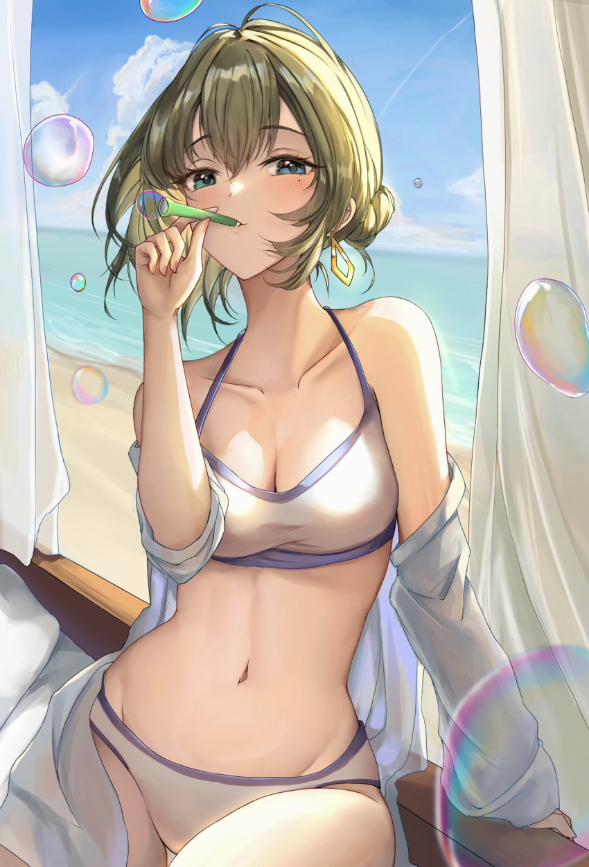 1girl beach bikini blowing_bubbles blush breasts cleavage collarbone curtains green_hair groin heterochromia highres idolmaster idolmaster_cinderella_girls indoors looking_at_viewer medium_breasts mole mole_under_eye navel nyome991 solo stomach swimsuit takagaki_kaede white_bikini