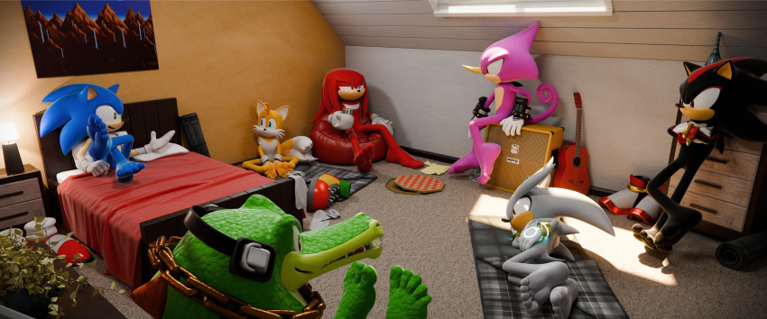 3d_(artwork) absurd_res barefoot bed canid canine chameleon crocodile crocodilian crocodylid digital_media_(artwork) echidna espio_the_chameleon eulipotyphlan feet feetymcfoot fox furniture group hedgehog hi_res knuckles_the_echidna lizard male mammal miles_prower monotreme reptile scalie sega shadow_the_hedgehog shoes_removed silver_the_hedgehog soles sonic_the_hedgehog sonic_the_hedgehog_(series) toes vector_the_crocodile