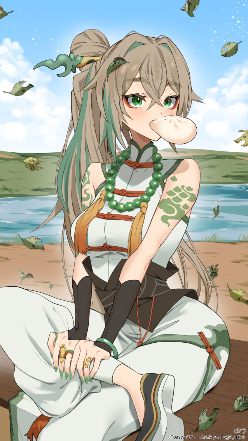 1girl arm_tattoo baozi bead_necklace beads breasts brown_hair chinese_clothes cloud commission crossed_bangs crossed_legs falling_leaves fingernails food food_in_mouth green_eyes green_hair green_nails hair_between_eyes hair_ornament highres indie_virtual_youtuber jewelry k_(art71) leaf leaf_on_head long_hair multicolored_footwear multicolored_hair necklace orange_tassel ring river sharp_fingernails sitting skeb_commission sky solo streaked_hair tattoo thank_you toasty_steambun twitter_username virtual_youtuber