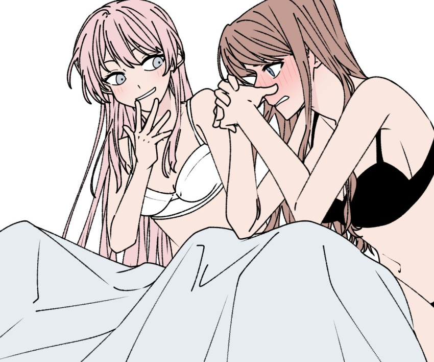2girls a_jak bang_dream! bang_dream!_it's_mygo!!!!! black_bra blue_eyes blush bra breasts brown_hair chihaya_anon large_breasts long_hair looking_at_another medium_breasts multiple_girls nagasaki_soyo parted_lips pink_hair simple_background smile under_covers underwear underwear_only white_background white_bra yuri