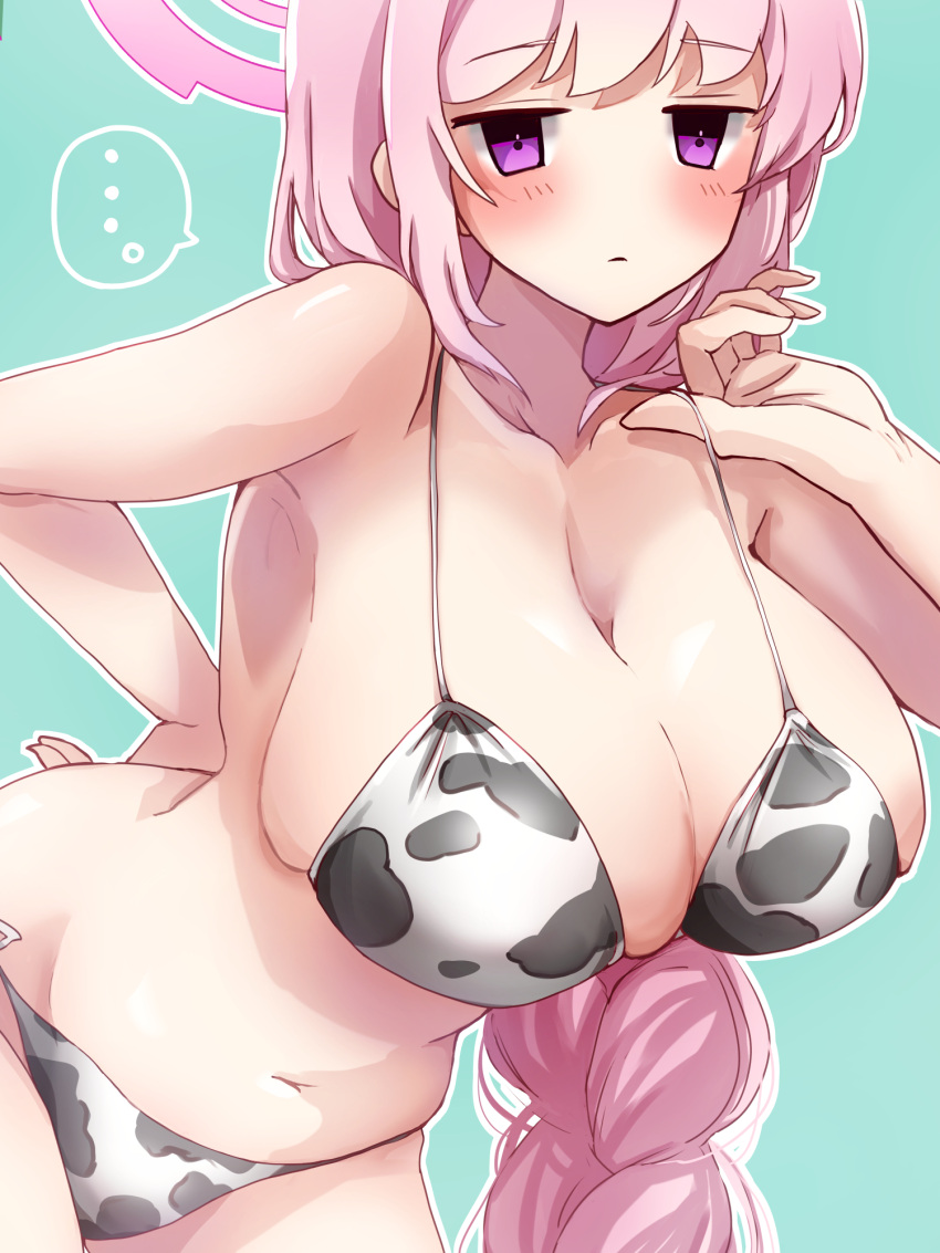 ... 1girl animal_print aqua_background bare_arms bare_legs bare_shoulders blue_archive blush braid breasts cleavage closed_mouth collarbone cow_print cowboy_shot eimi_(blue_archive) halo highres komena_(shinyday312) large_breasts long_hair looking_at_viewer navel outline pink_hair pink_halo purple_eyes simple_background single_braid solo spoken_ellipsis very_long_hair white_outline