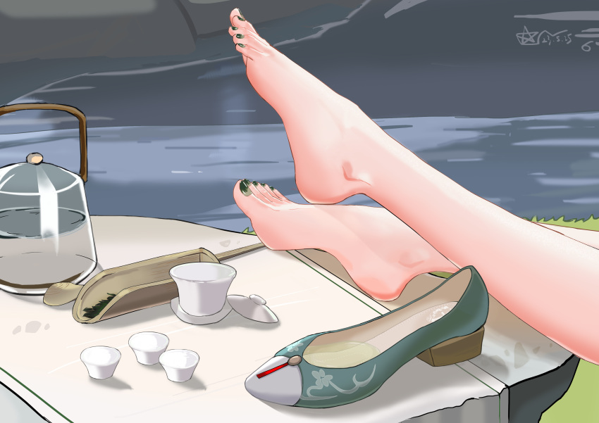 1girl absurdres azur_lane barefoot chinese_commentary commentary_request cup dated exianble feet feet_only flats foot_focus grass green_footwear green_nails highres legs nail_polish shoes signature solo tea teacup teapot toenail_polish toenails toes unworn_shoes water yat_sen_(azur_lane)