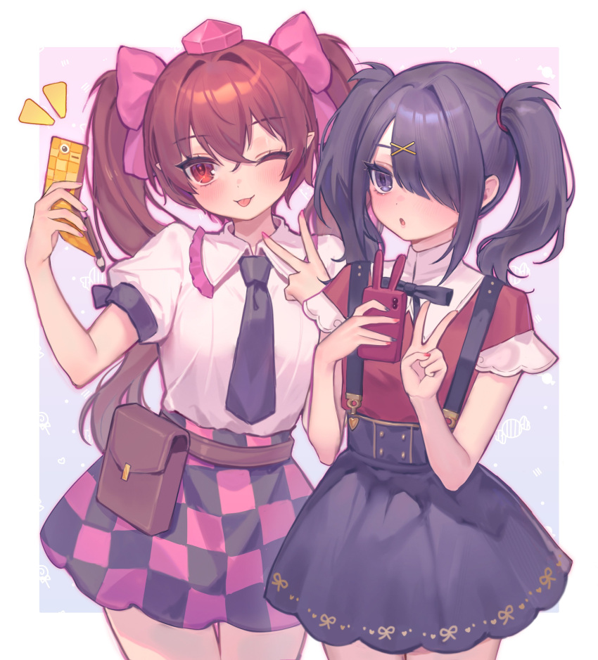 2girls absurdres ame-chan_(needy_girl_overdose) black_necktie cowboy_shot hair_over_one_eye hat highres himekaidou_hatate holding holding_phone multiple_girls necktie needy_girl_overdose phone plaid plaid_skirt purple_eyes qiu_ju selfie shirt skirt smile tokin_hat touhou twintails v white_shirt