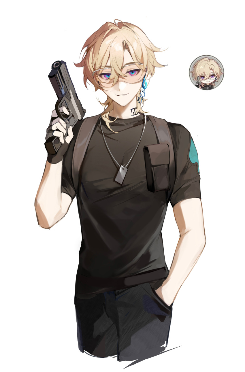 1boy absurdres aventurine_(honkai:_star_rail) black_gloves black_shirt blonde_hair closed_mouth cowboy_shot dog_tags fingerless_gloves gloves gun hair_between_eyes hand_in_pocket highres holding holding_gun holding_weapon honkai:_star_rail honkai_(series) jewelry lizi_(st3648) looking_at_viewer male_focus necklace official_alternate_costume shirt short_hair simple_background t-shirt weapon white_background