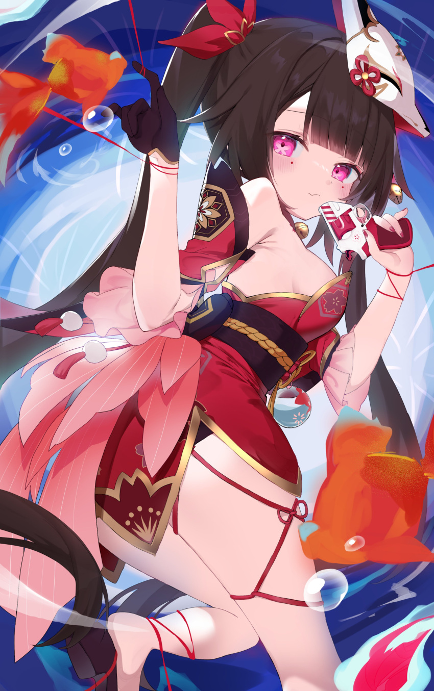 absurdres bare_shoulders black_hair blush breasts butterfly-shaped_pupils closed_mouth dress from_behind highres honkai:_star_rail honkai_(series) koi looking_at_viewer medium_breasts mole mole_under_each_eye mole_under_eye multiple_moles obi pink_eyes red_dress sash sideboob sleeveless sleeveless_dress sourako sparkle_(honkai:_star_rail) symbol-shaped_pupils thigh_strap twintails twisted_torso
