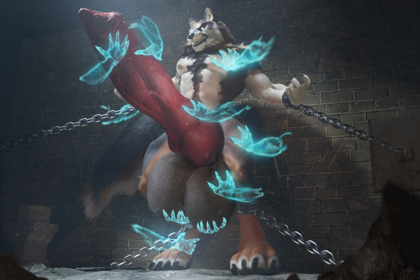animal_genitalia animal_penis anthro balls big_balls big_penis canid canine canine_genitalia canine_penis canis chain chained disembodied_hand dungeon expansion gausswolf genital_expansion genitals ghost_hands hi_res huge_balls huge_penis hyper hyper_balls hyper_genitalia hyper_penis knot male mammal penis solo spectrumshift wolf
