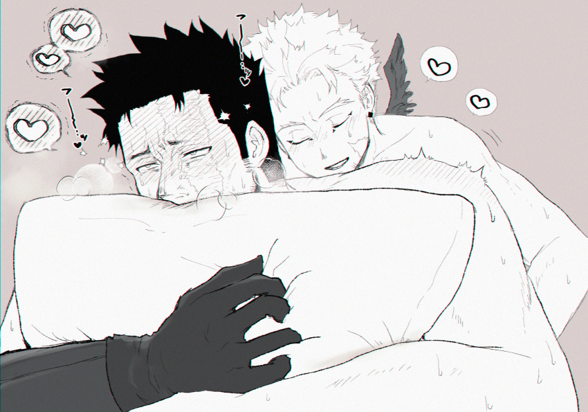 2boys artist_request bara blush boku_no_hero_academia endeavor_(boku_no_hero_academia) greyscale_with_colored_background hawks_(boku_no_hero_academia) heart highres hugging_object male_focus mature_male multiple_boys muscular muscular_male muscular_uke pillow pillow_hug solo_focus spoken_blush spoken_heart sweat thick_eyebrows torogao upper_body yaoi