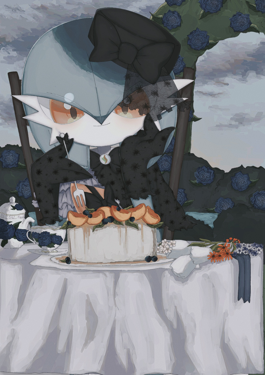 1girl alternate_color arch black_bow black_bowtie black_gloves black_hat blue_flower blue_hair blue_rose blue_skin blueberry blush bob_cut bow bowtie bush cake closed_mouth clothed_pokemon cloud cloudy_sky colored_skin commentary_request cup english_commentary flower food fork fruit gardevoir gloves grey_sky hair_between_eyes hand_on_own_cheek hand_on_own_face hands_up happy hat hat_bow head_rest highres holding holding_fork light_blush looking_at_viewer mega_stone mixed-language_commentary multicolored_skin muted_color on_chair orange_(fruit) orange_eyes orange_slice outdoors partial_commentary pillbox_hat plate pokemon pokemon_(creature) red_flower rose saucer shicha_(yagu) shiny_pokemon short_hair sitting sky smile solo straight-on table teacup teapot tilted_headwear tulip two-tone_skin upper_body white_flower white_skin white_tulip